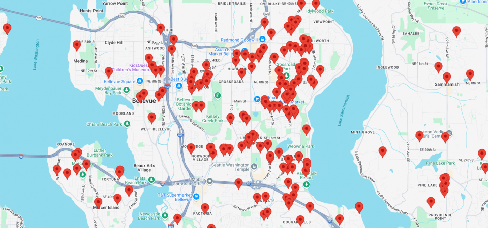 Map of bellevue showing the locations of senior care providers