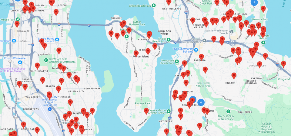 Map showing the locations are various senior care providers in the Mercer Island area